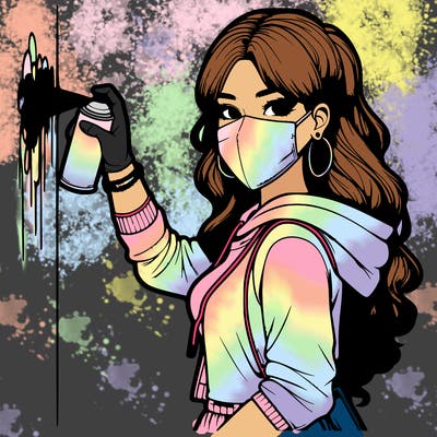 realistic girl with mask spray painting a wall