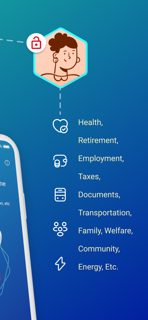 Yris - Una lista de servicios administrativos que incluyen salud, impuestos y empleo dentro de la aplicación de identidad digital Yris.