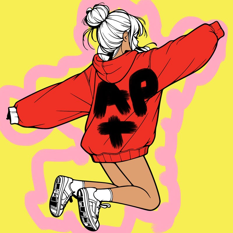realistic girl jumping with a bun and oversized sweatshirt