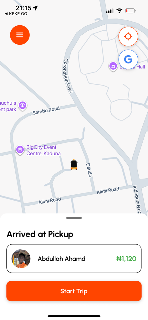 KEKE GO Driver - La interfaz de la aplicación KEKE GO Driver que muestra un mapa con el estado Llegué a la Recogida y un botón Iniciar Viaje.