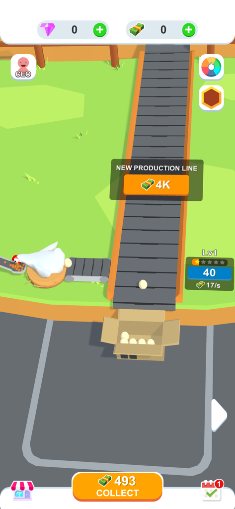 Idle Egg Factory 3D - Idle Egg Factory 3D gameplay showing a chicken production line and conveyor belt