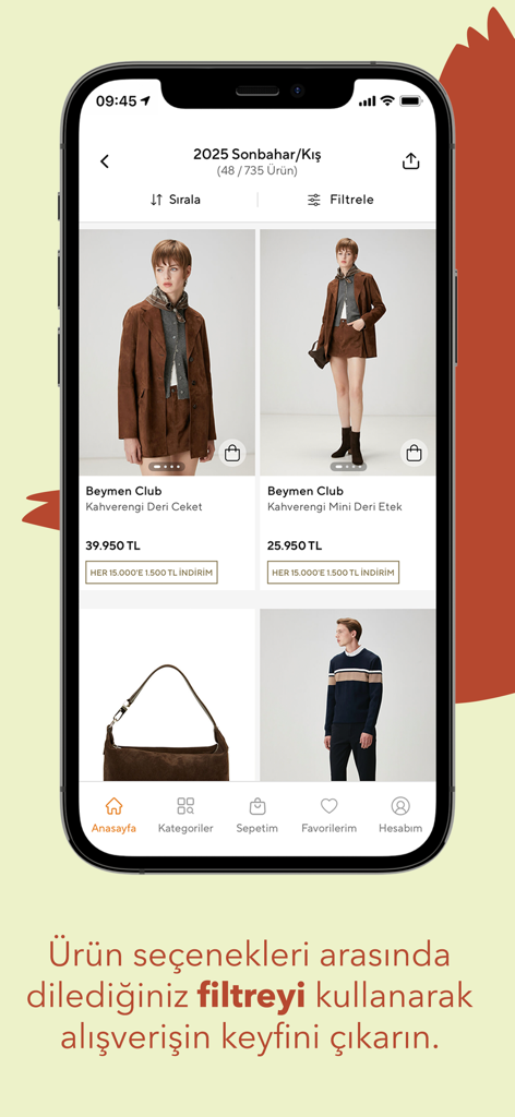 Beymen Club mobile app screen showing leather jackets and skirts from the autumn winter collection with filtering options