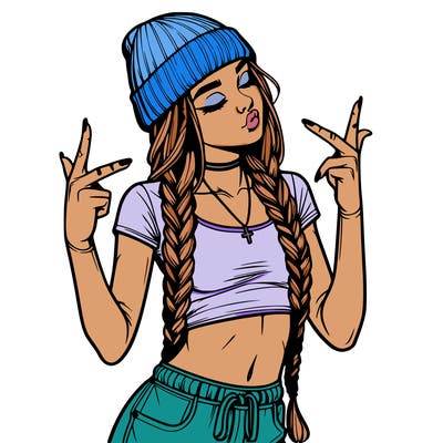 realistic teenage girl with braids and a beanie and crop top doing 🫶🏼