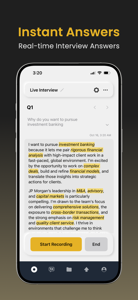 Interview Pilot: AI Copilot - Smartphone-Bildschirm, der die Interview Pilot App zeigt, die Echtzeit-KI-Antworten für ein Live-Vorstellungsgespräch generiert