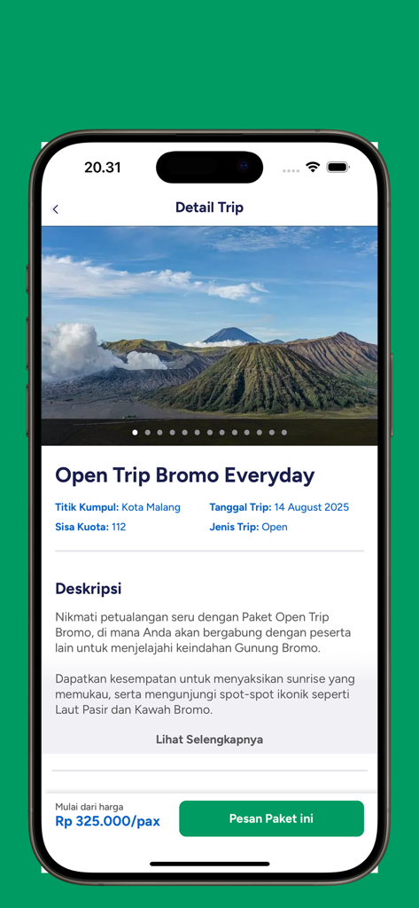Exotic Bromo - Exotic Bromo mobile app interface showing trip details for Mount Bromo tour package including price and description