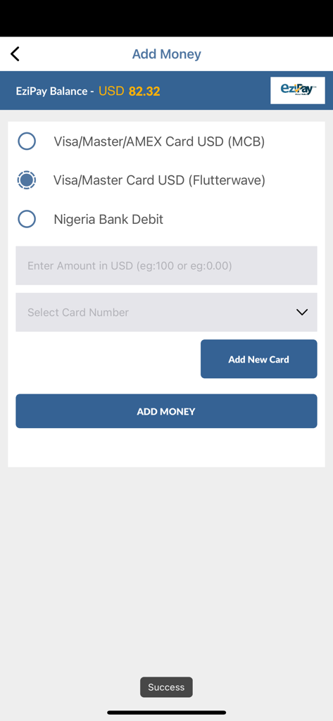 Ezipay Global - Add Money interface in the Ezipay Global app showing options for international cards and Nigerian bank debits.