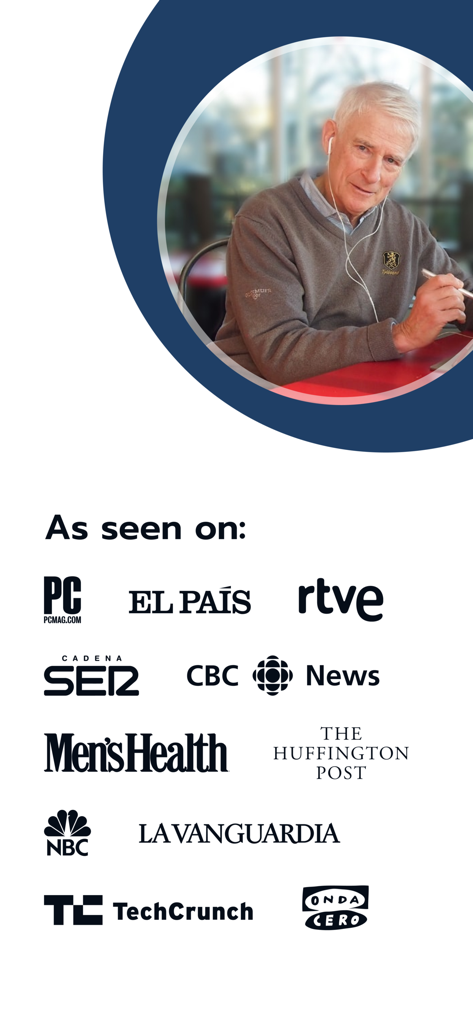 Steve Kaufmann e logotipos da mídia de grandes veículos de notícias como CBC e TechCrunch exibindo cobertura da imprensa do LingQ