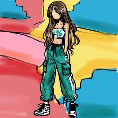 girl in baggy pants crop top and long hair