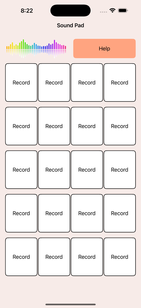 SoundPad app main screen with a grid of twenty record buttons and a colorful audio waveform visualizer