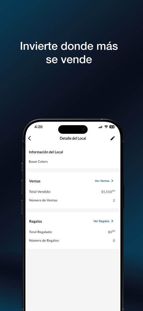 Interface do aplicativo móvel mostrando totais de vendas e contagem de transações para uma localização comercial específica