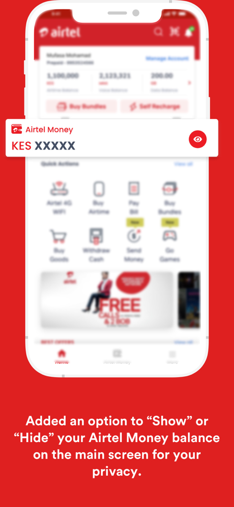 My Airtel Africa - Écran mobile montrant la fonctionnalité pour afficher ou masquer le solde d'Airtel Money pour une confidentialité accrue.
