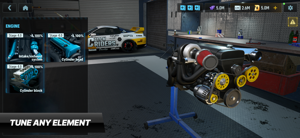 CarX Drift Racing 3 - CarX Drift Racing 3 engine customization screen showing detailed engine parts and tuning options in a garage