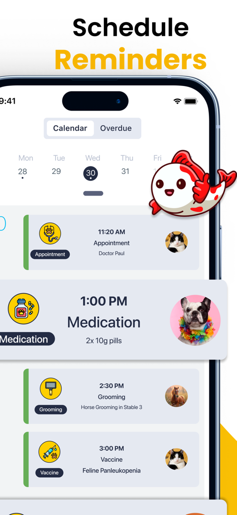 Pet Care Tracker Dog Cat Log - Pet care app screen displaying a daily schedule with reminders for pet medical appointments medication and grooming