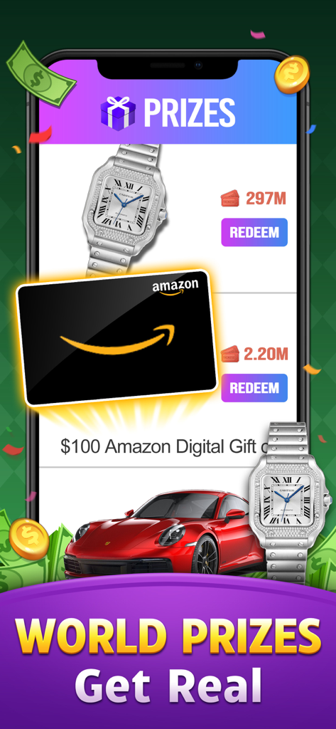 Gin Rummy: Win Real Money - A mobile app screenshot showing various real-world prizes including luxury watches, an Amazon gift card, and a sports car with the text World Prizes Get Real.