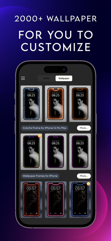 Notch Island app interface showcasing various colorful frame wallpaper designs for iPhone notches and Dynamic Island.
