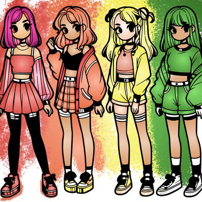 one girl with crop-top shirt and a jacket with a skirt, long socks and another girl with a shirt and pants with a jacket