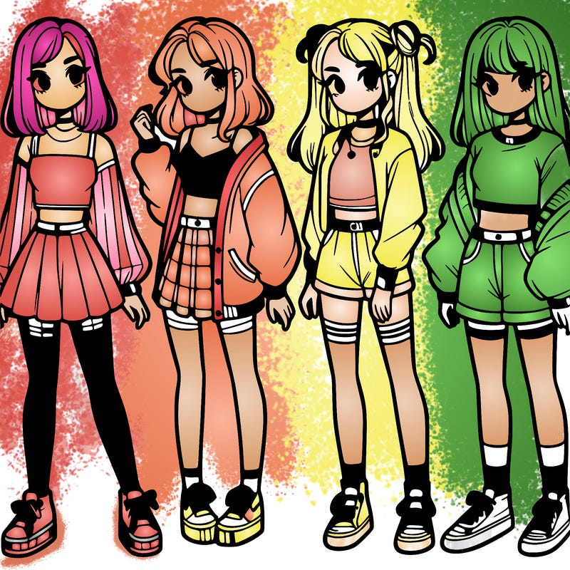 one girl with crop-top shirt and a jacket with a skirt, long socks and another girl with a shirt and pants with a jacket