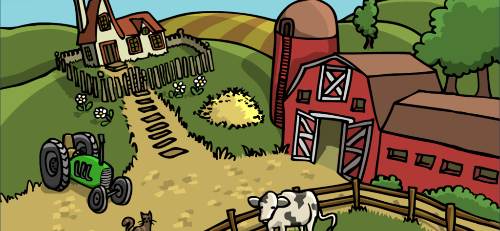 Learning German Mumbro Zinell - 子供向けドイツ語学習アプリ「マンブロとジネル」の農場ステーションのカートゥーンイラスト。
