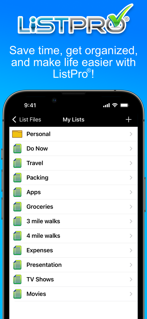 ListPro - Main interface of ListPro showing a dashboard of categorized lists like travel groceries and expenses