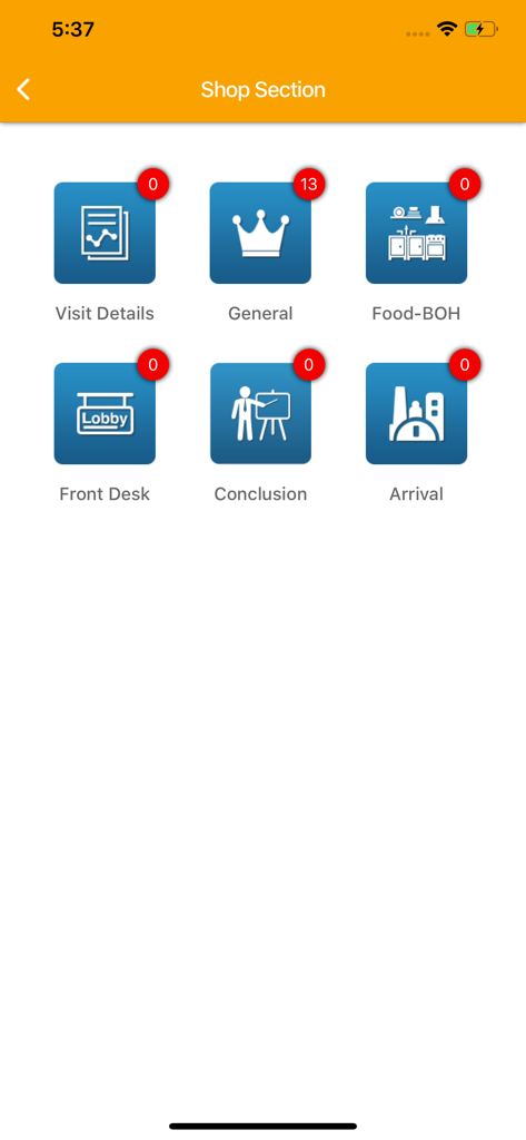 iSecretShop app interface displaying various evaluation categories for a mystery shopping task including visit details and front desk