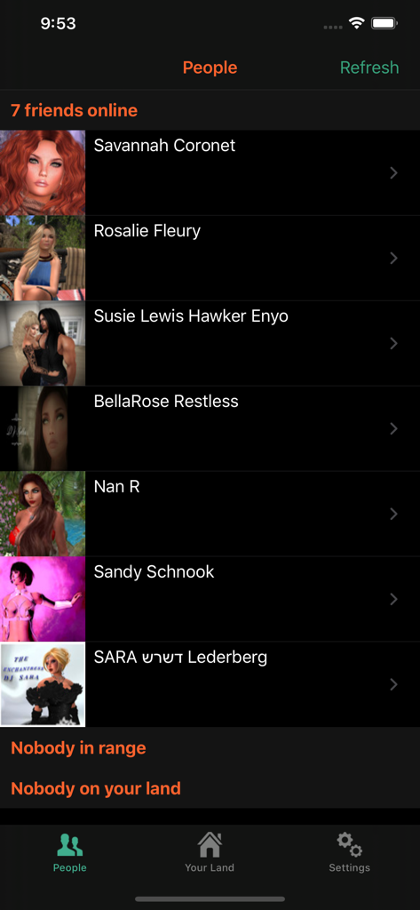 アバターを持つオンラインフレンドのリストを表示するSL Notifierアプリ画面