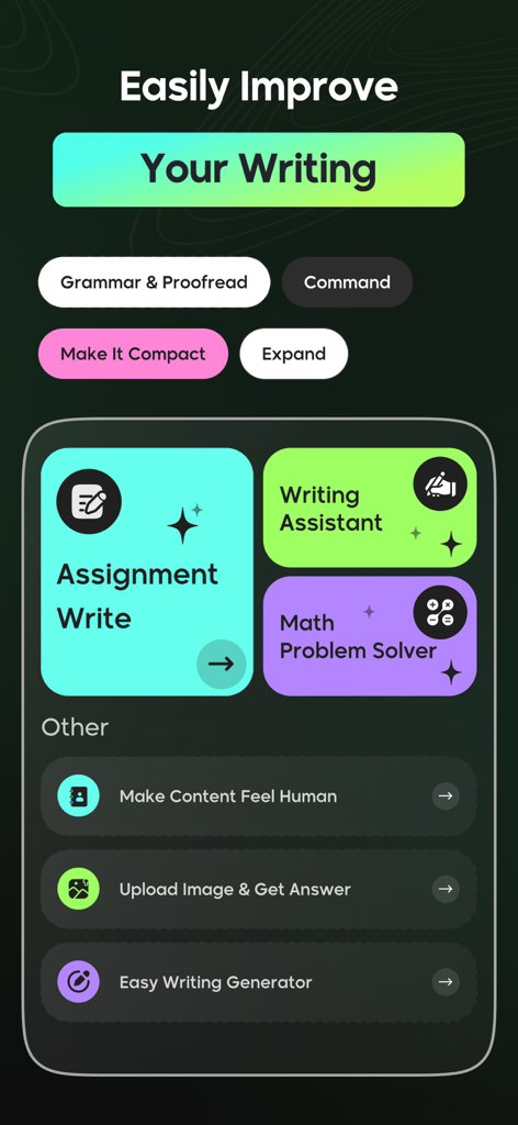 Photo Maths Solver - Math AI - Dashboard of Photo Maths Solver app showing options for AI writing assistant, assignment writing, and math problem solving.