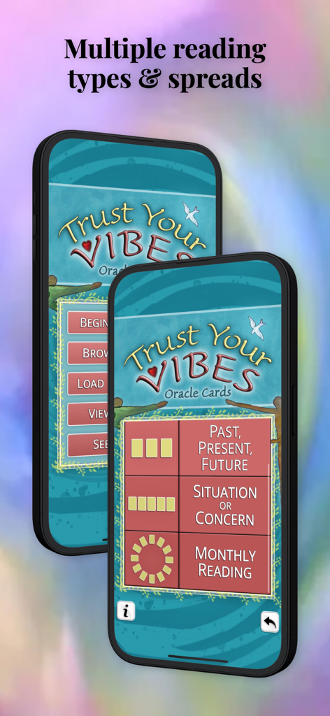 Trust Your Vibes Oracle Cards - Mobile app screens showing various oracle card reading spreads like past present future and monthly reading