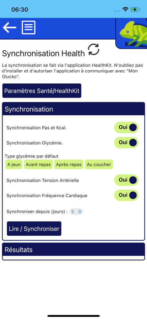 Mon Glucko - Diabète - Tela de configurações de sincronização do Apple HealthKit no aplicativo Mon Glucko mostrando opções para sincronizar passos, glicose, pressão arterial e frequência cardíaca.
