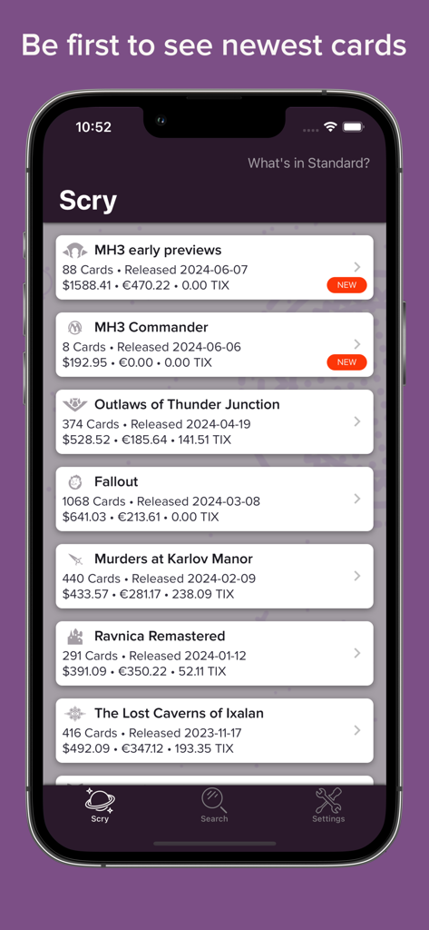Pantalla de la aplicación Scry MTG mostrando una lista de los conjuntos recientes de Magic The Gathering con fechas de lanzamiento y precios de mercado.