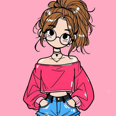 girl with a messy ponytail glasses a baggy crop top and jean shorts