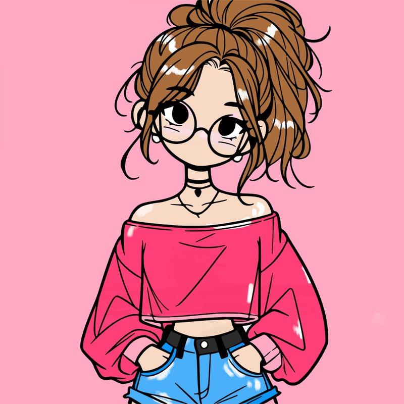 girl with a messy ponytail glasses a baggy crop top and jean shorts