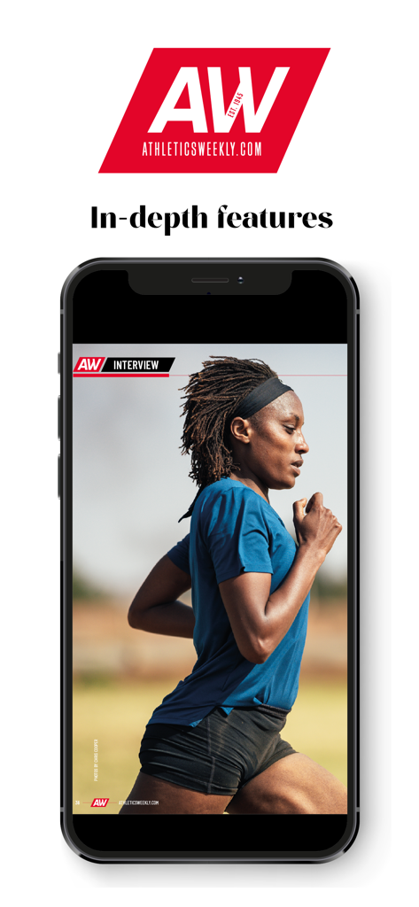 Smartphone screen showing an in-depth athlete interview feature in the Athletics Weekly app