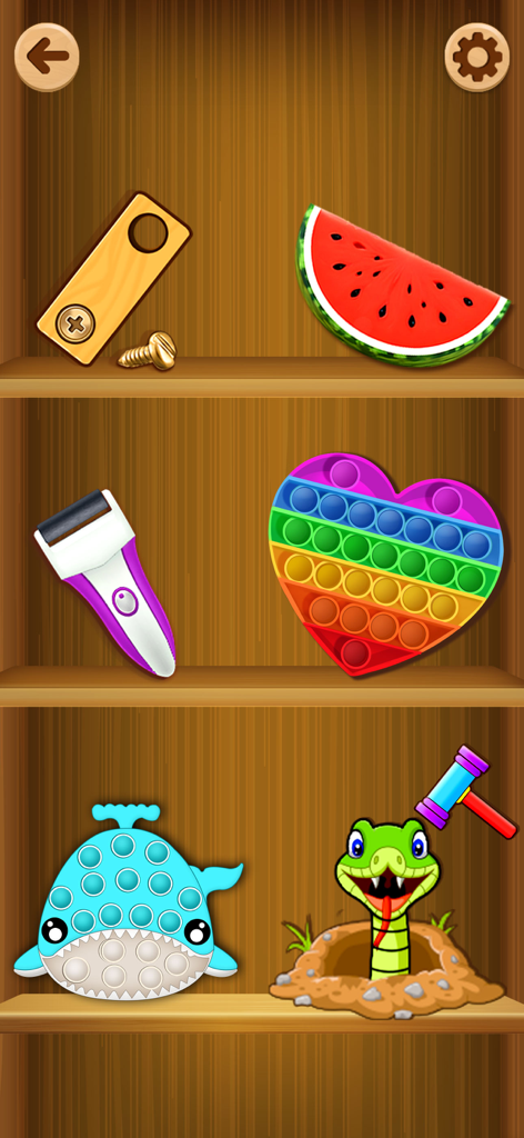 Tidy Fidget ASMR: Antistress - Varios juguetes antiestrés y pop-its coloridos dispuestos en un estante de madera