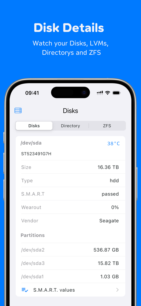 ProxMate Backup - ProxMate Backup mobile app interface displaying detailed disk health monitoring including temperature and SMART status