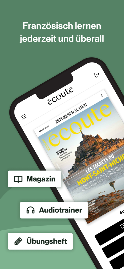 Écran de smartphone de l'application d'apprentissage du français écoute montrant les options du formateur audio du magazine et du livret d'exercices