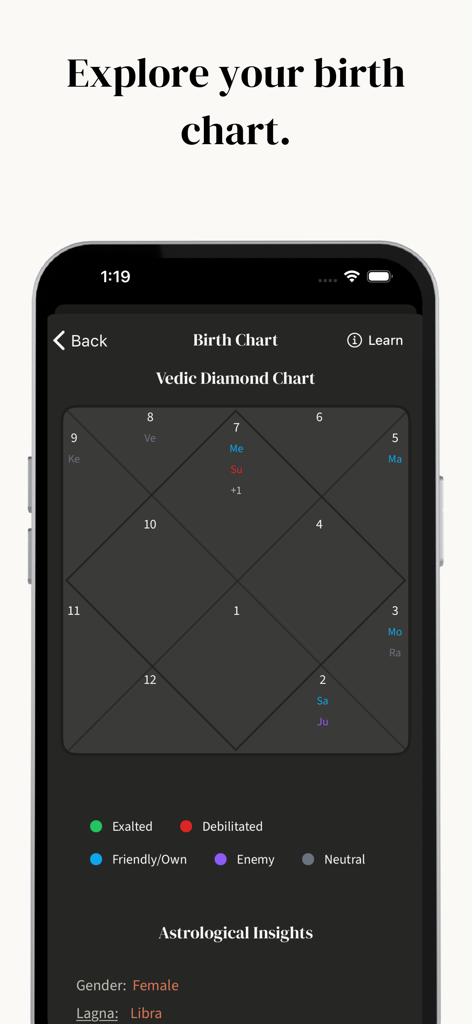 Om.AI – AI Astrology & Kundli - A Vedic Diamond Chart showing planetary positions and astrological insights in the Om AI app