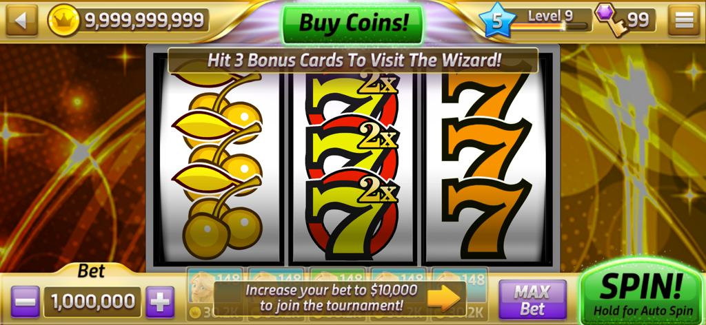 Classic Slots Casino - Una interfaz de máquina tragamonedas de 3 rodillos con cerezas doradas y sietes en la aplicación Classic Slots Casino.