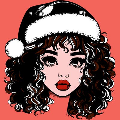 realistic girl with a santa hat curly hair and lips