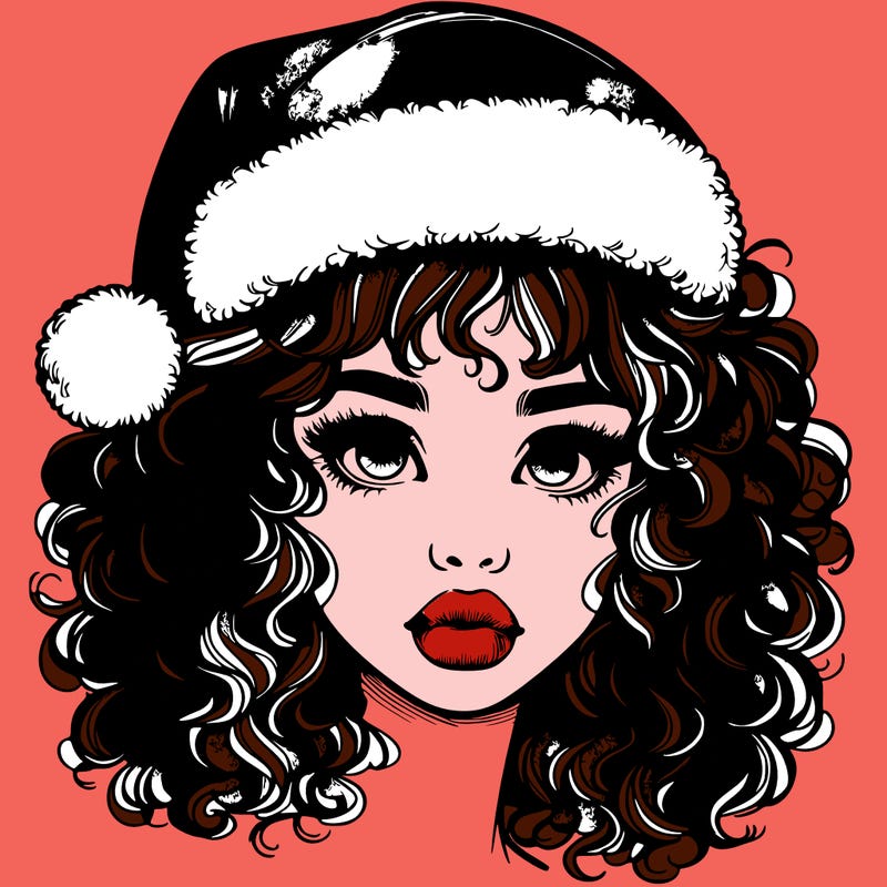 realistic girl with a santa hat curly hair and lips