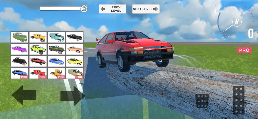 Car games: drive car parking - A red sports car balancing on a log in a physics-based driving sandbox game with a vehicle selection menu