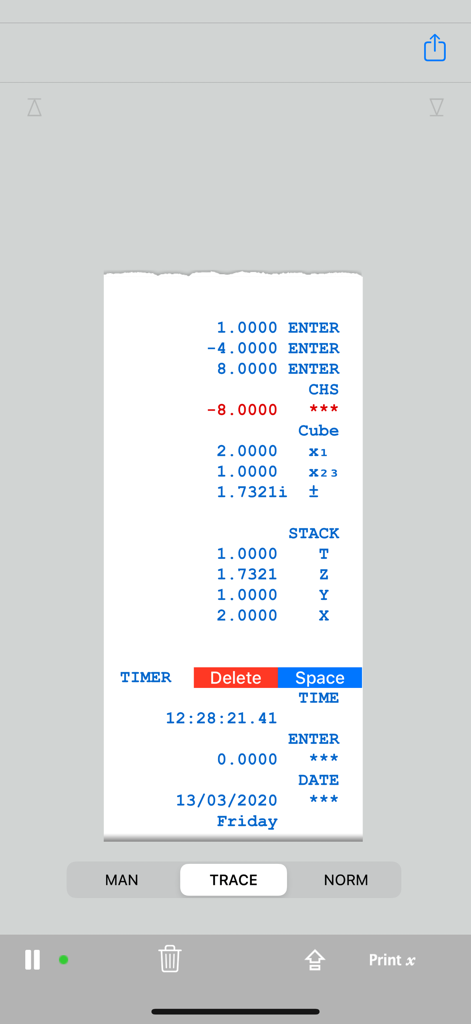 RPN-45 SD - Cinta de papel virtual que muestra un historial de cálculos RPN y registros de pila.