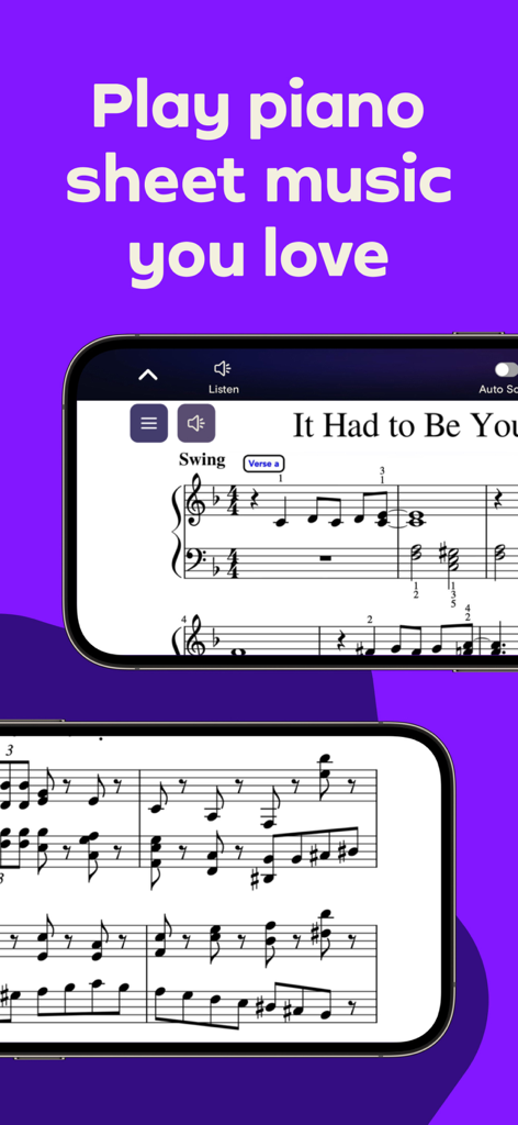 Digital piano sheet music displayed on mobile devices within the Simply Play app