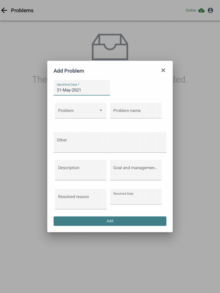 WellSky HHH Offline - Interface of the WellSky HHH Offline app showing a modal window to add a clinical problem with multiple data entry fields
