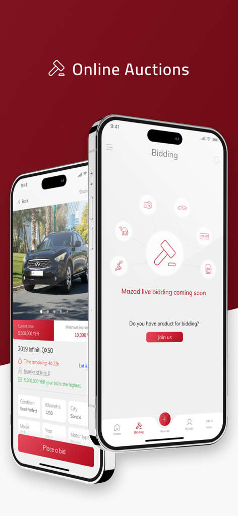Yemen Mazad يمن مزاد - Yemen Mazad app interface for online auctions and vehicle bidding
