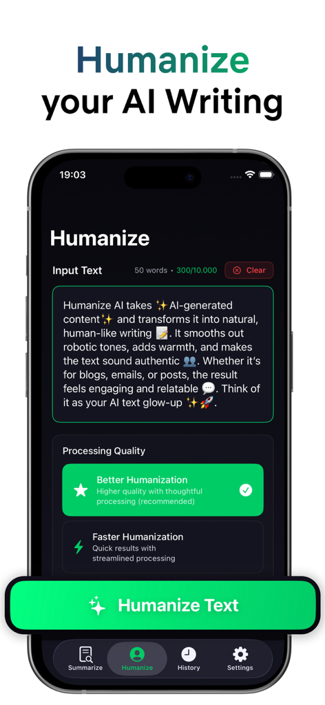 Humanize AI パラフレーズツールのモバイルアプリインターフェース。AIライティングを人間らしいテキストに変換します。