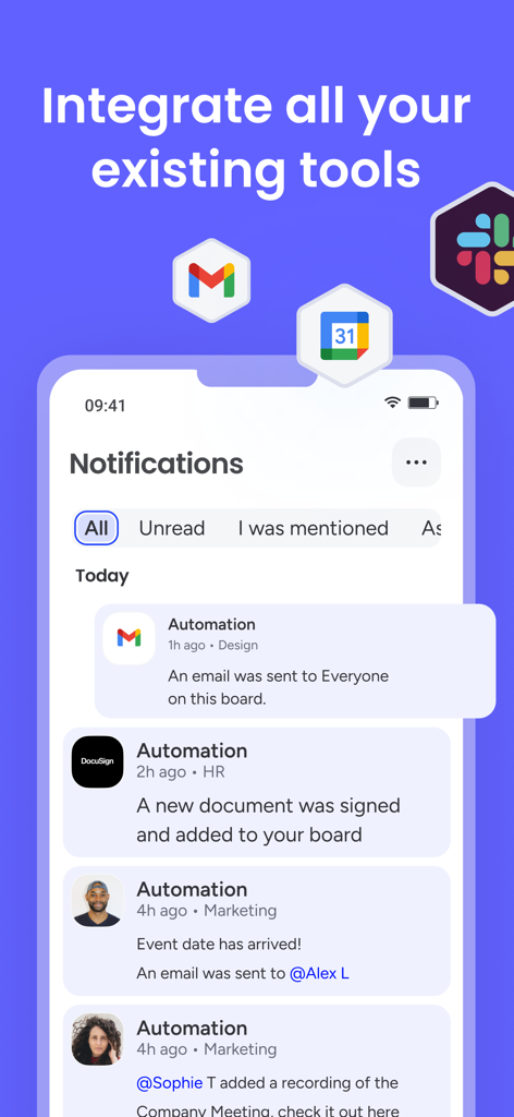 monday.com - Work Platform - Mobile view of monday.com notifications showing integrations with Gmail Slack and DocuSign