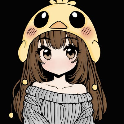 anime girl with chick shaped hat with sweater with bare shoulders with bangs covering them one eye with low tail