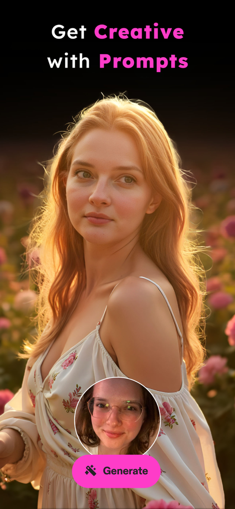 WOMBO Meme: Character Creator - AI-generated portrait of a woman in a flower field created from a selfie and text prompts in the WOMBO Meme app.