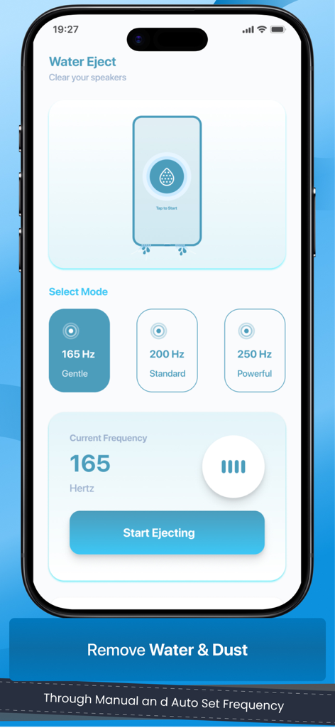 Speaker Cleaner | Water Eject - Interfaz de una aplicación móvil para la expulsión de agua que muestra opciones para frecuencias de limpieza suaves, estándar y potentes.