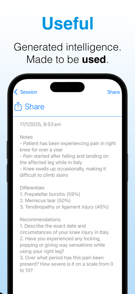 Diagnosis Pad - AI Doctor - Interfaz de la aplicación Diagnosis Pad mostrando notas clínicas generadas por IA y diagnósticos diferenciales para un paciente con dolor de rodilla